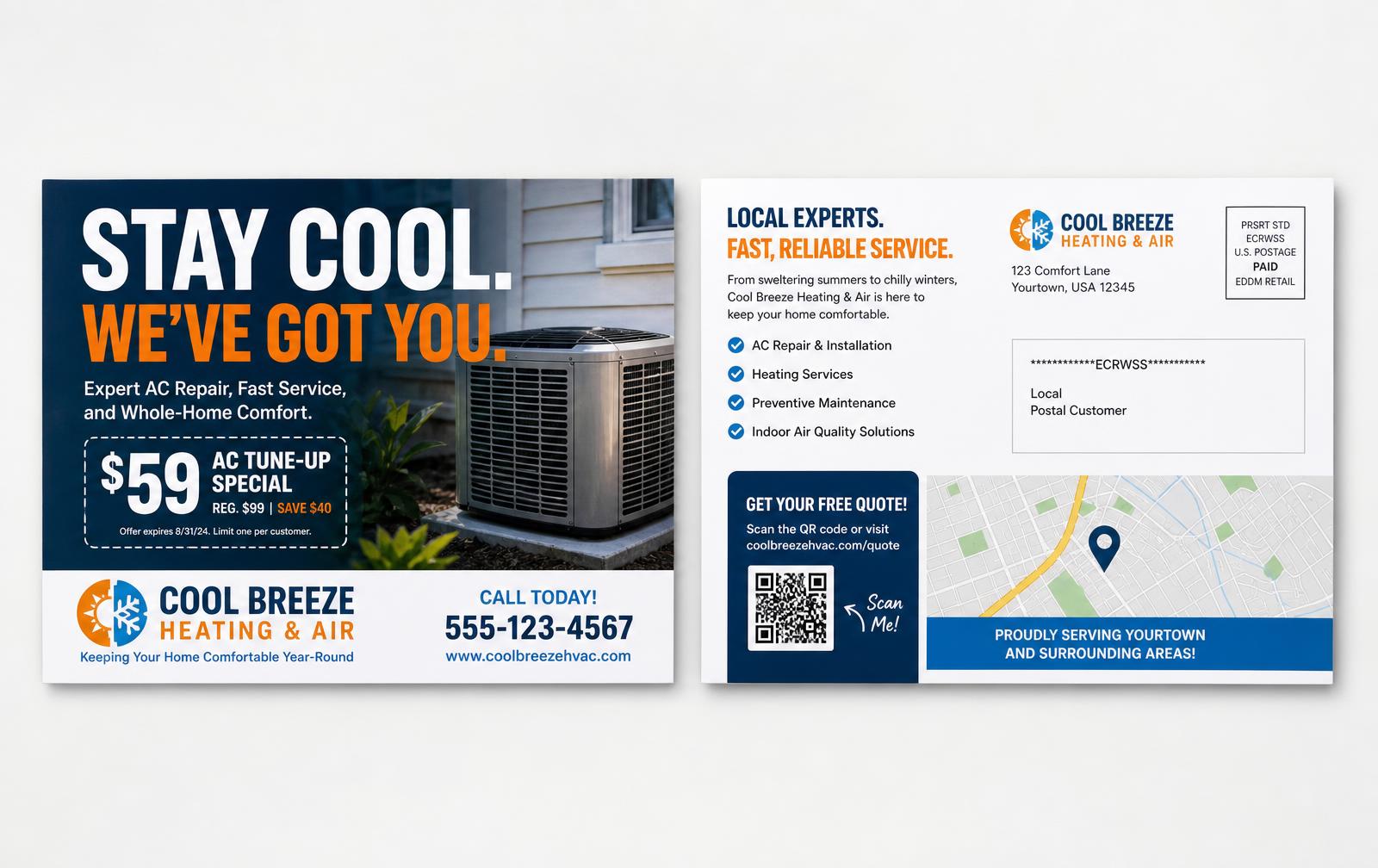 Front and back of an example 6 by 11 inch exclusive mailer dedicated to a single local business